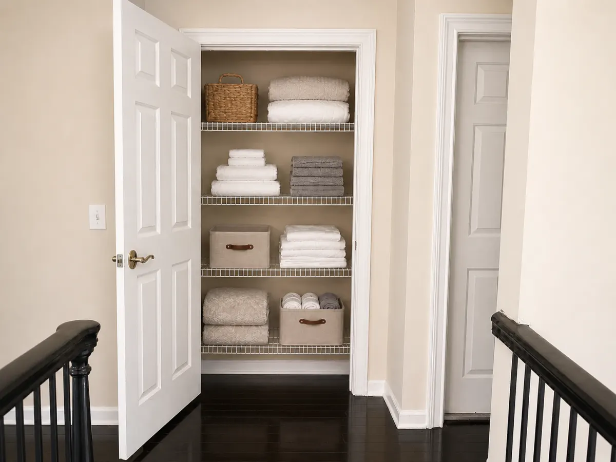 Organized linen closet storage
